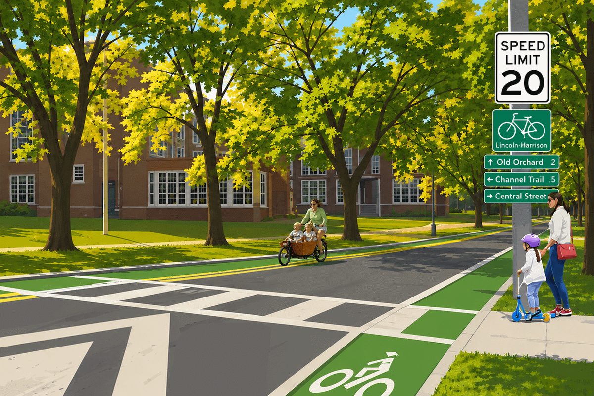 Rendering of a traffic-calmed Lincoln-Harrison neighborhood greenway near a school
