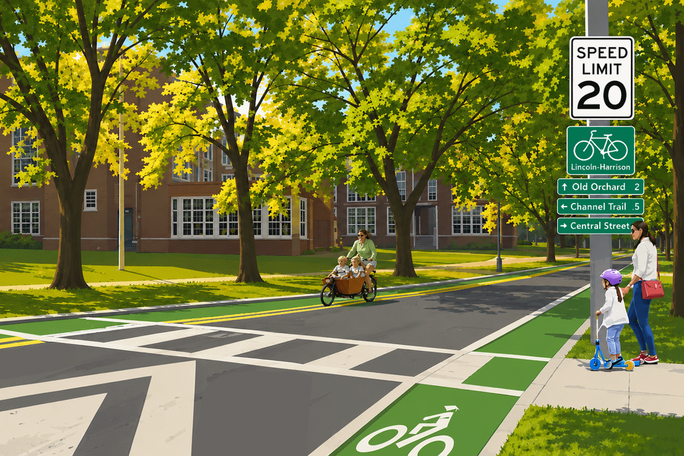 Rendering of a traffic-calmed Lincoln-Harrison neighborhood greenway near a school