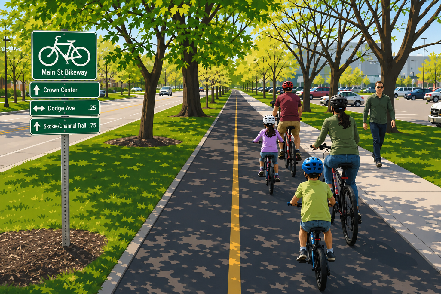 Rendering of a protected Main Street bikeway with families riding