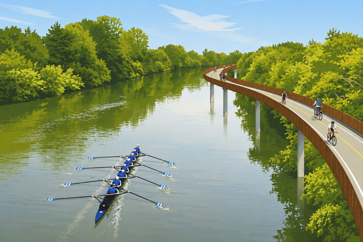 Rendering of a regional riverside bike trail connecting to the Channel Trail